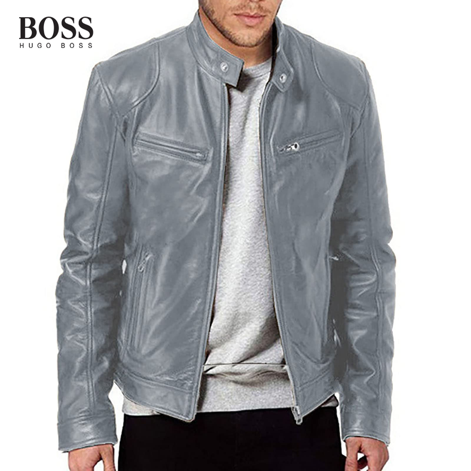 Men's Stand Collar Leather Jacket Lightweight Zipper Leather Coat Slim Fit Biker Jacket