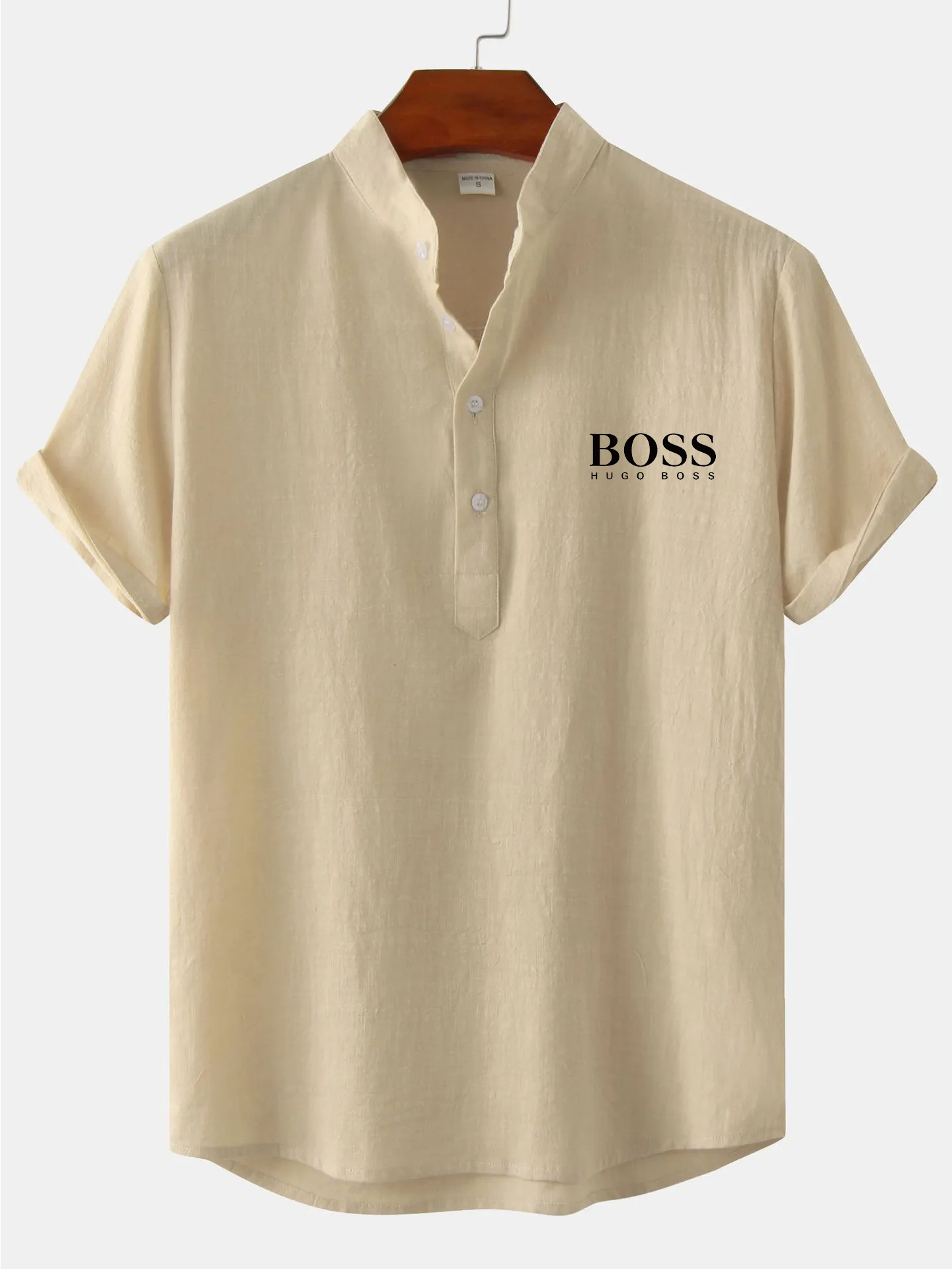 Men's Cotton Linen Stand Collar Casual Beach Short Sleeve Shirt