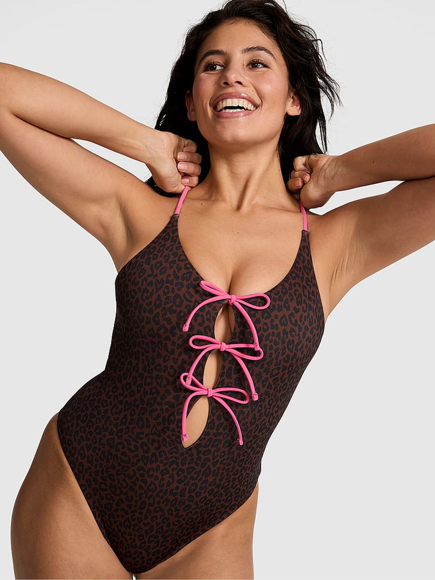 Brown Leopard Tie Front Swimsuit