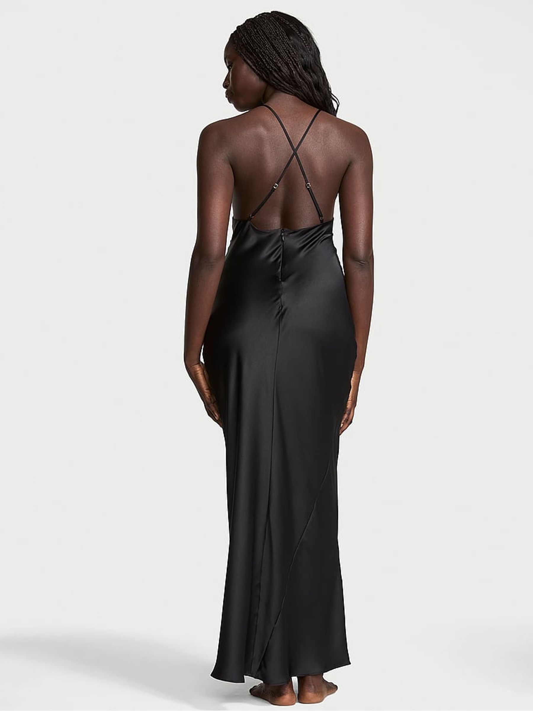 Black Sheer Rose Satin High Neck Long Slip Dress