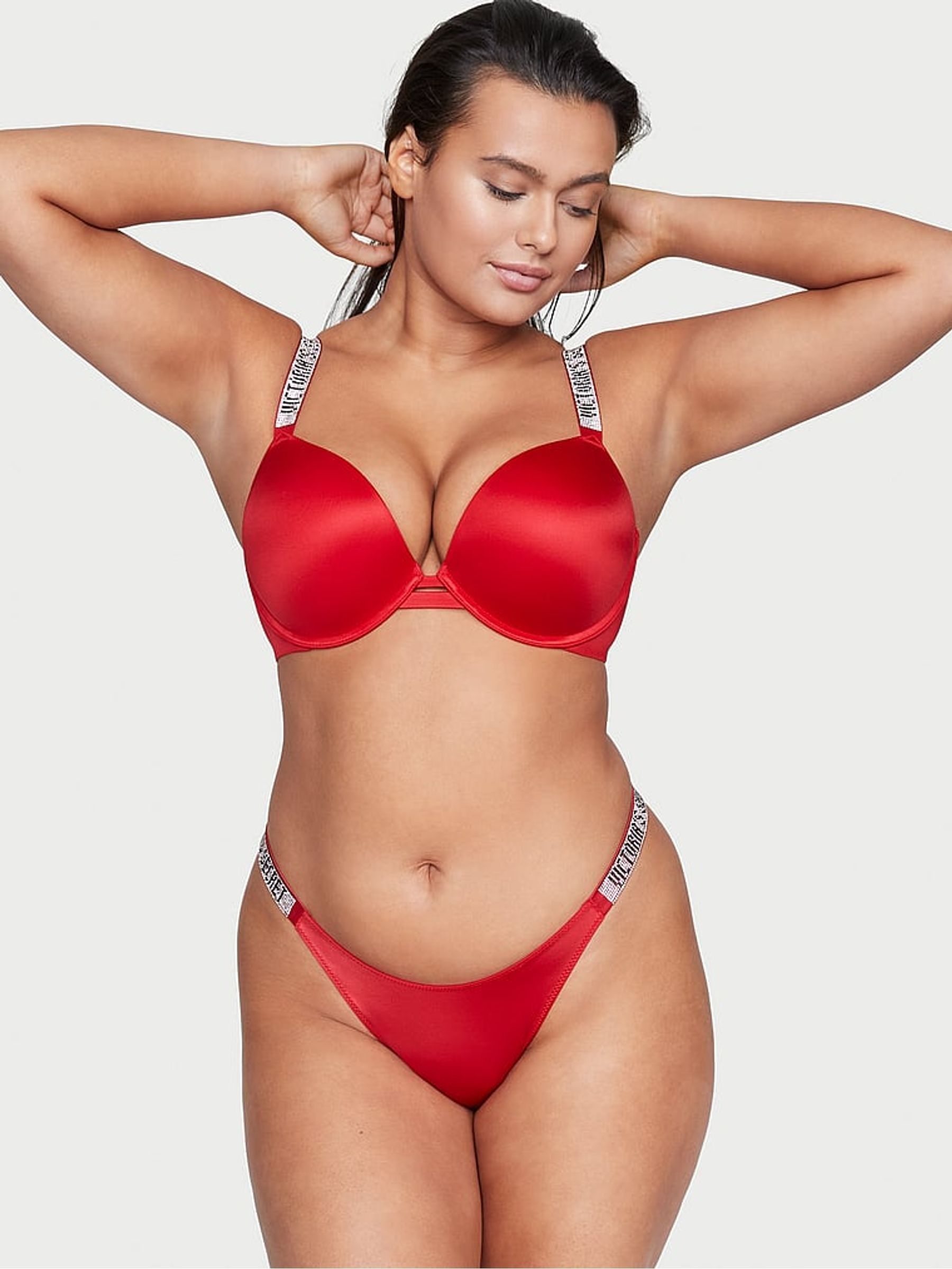 Lipstick Red Shine Strap Plunge Push Up Bra