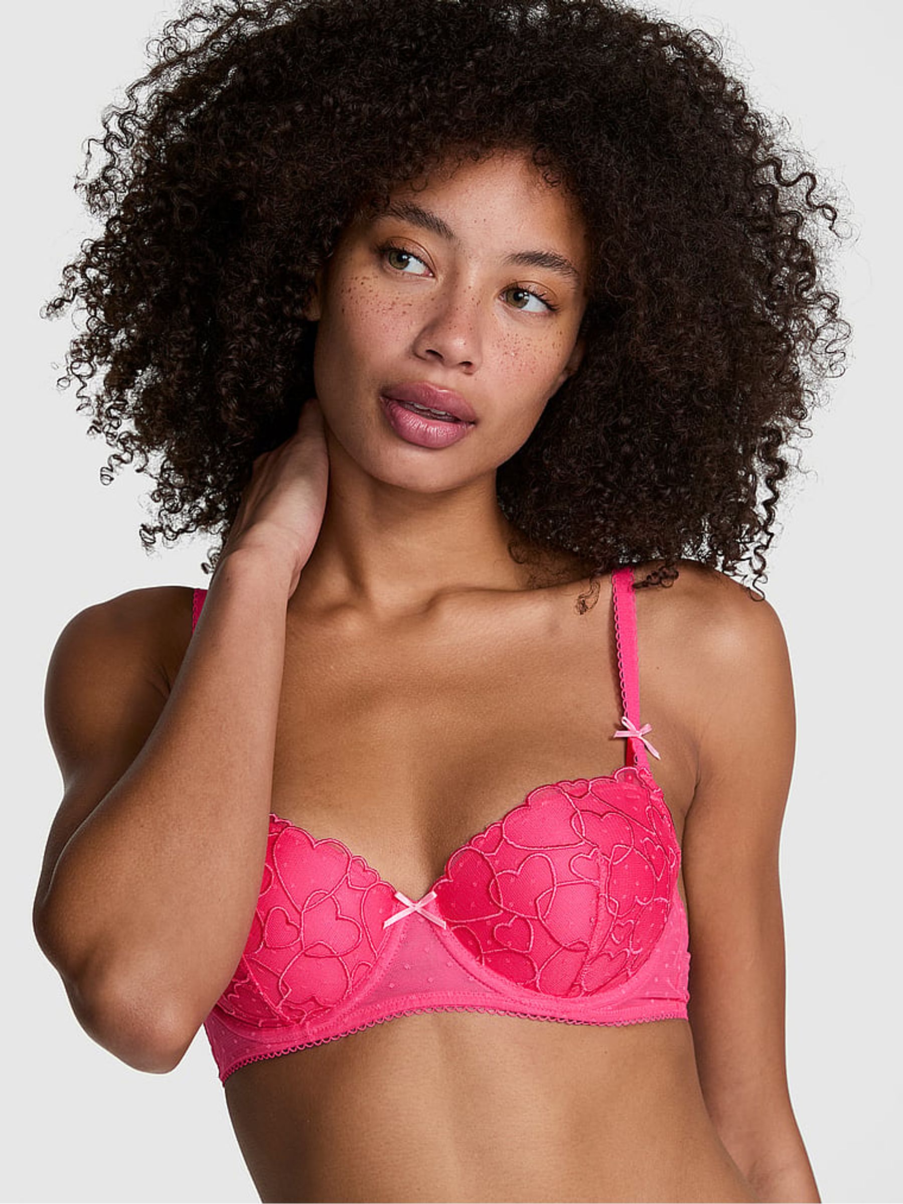 Double Bubble Pink Lightly Lined Balcony Heart Embroidery Bra