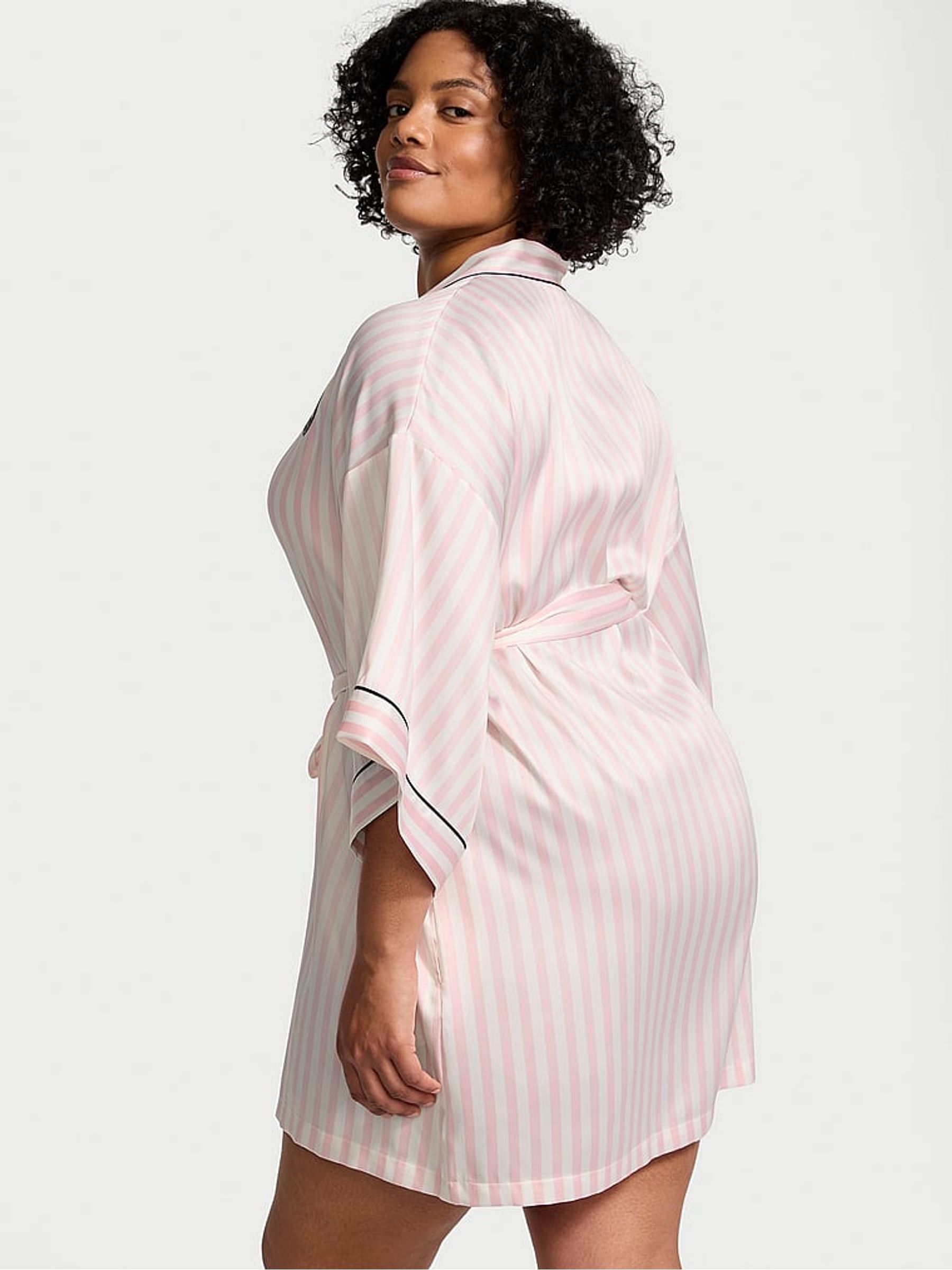 Pink Iconic Stripe Satin Short Piped Robe