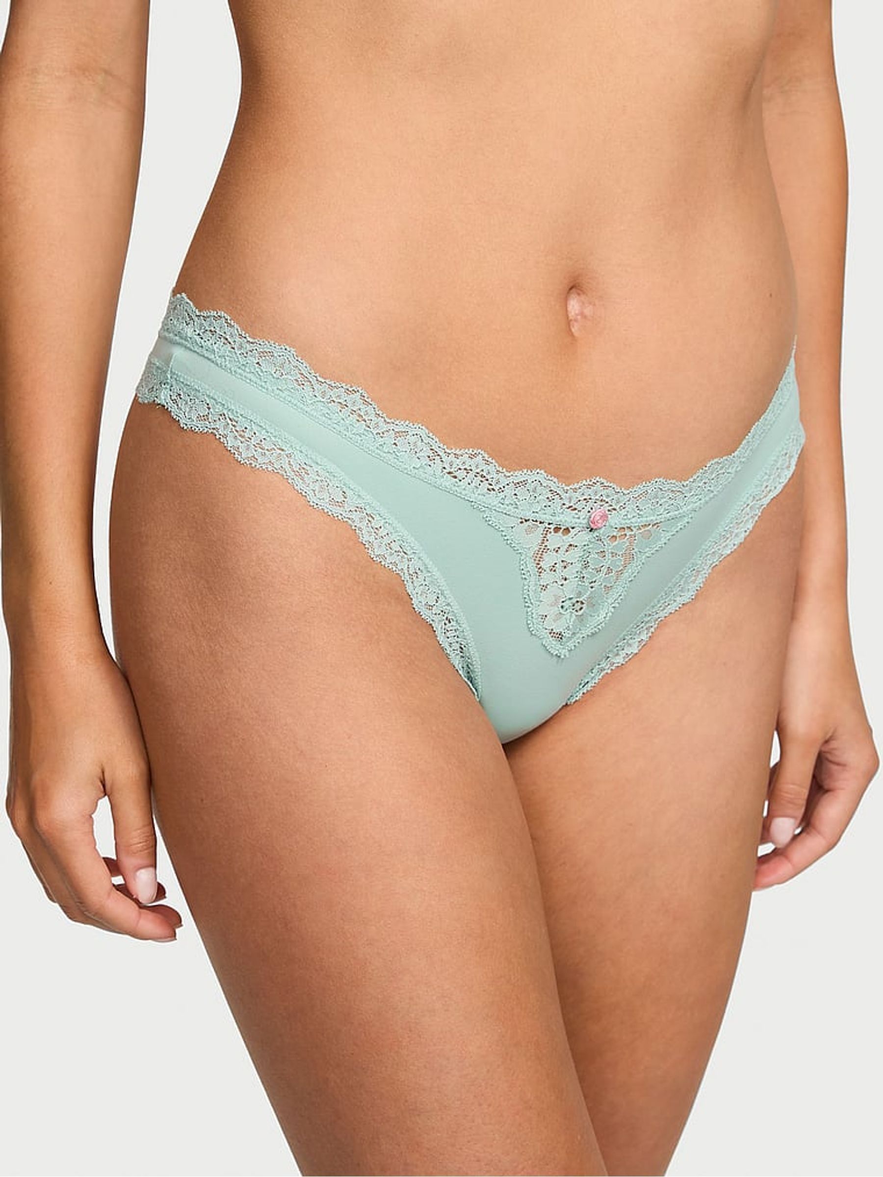 Silent Green Lace Trim Thong Knickers