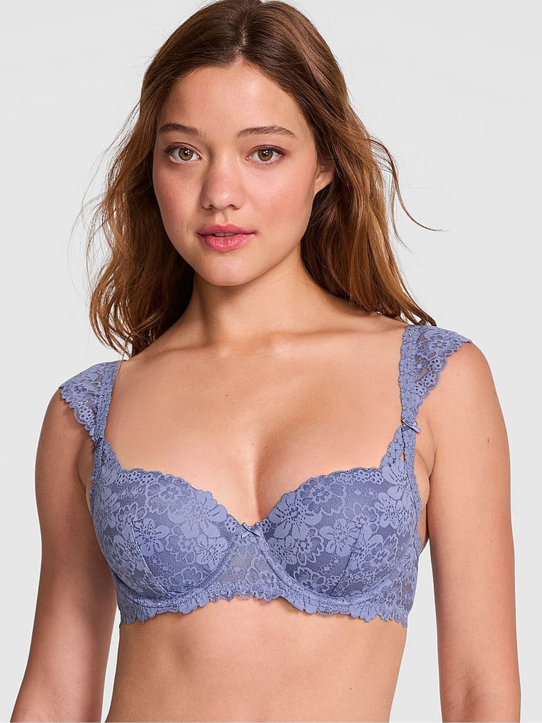 Dusty Iris Blue Lightly Lined Balcony Lace Flutter Sleeve Bra