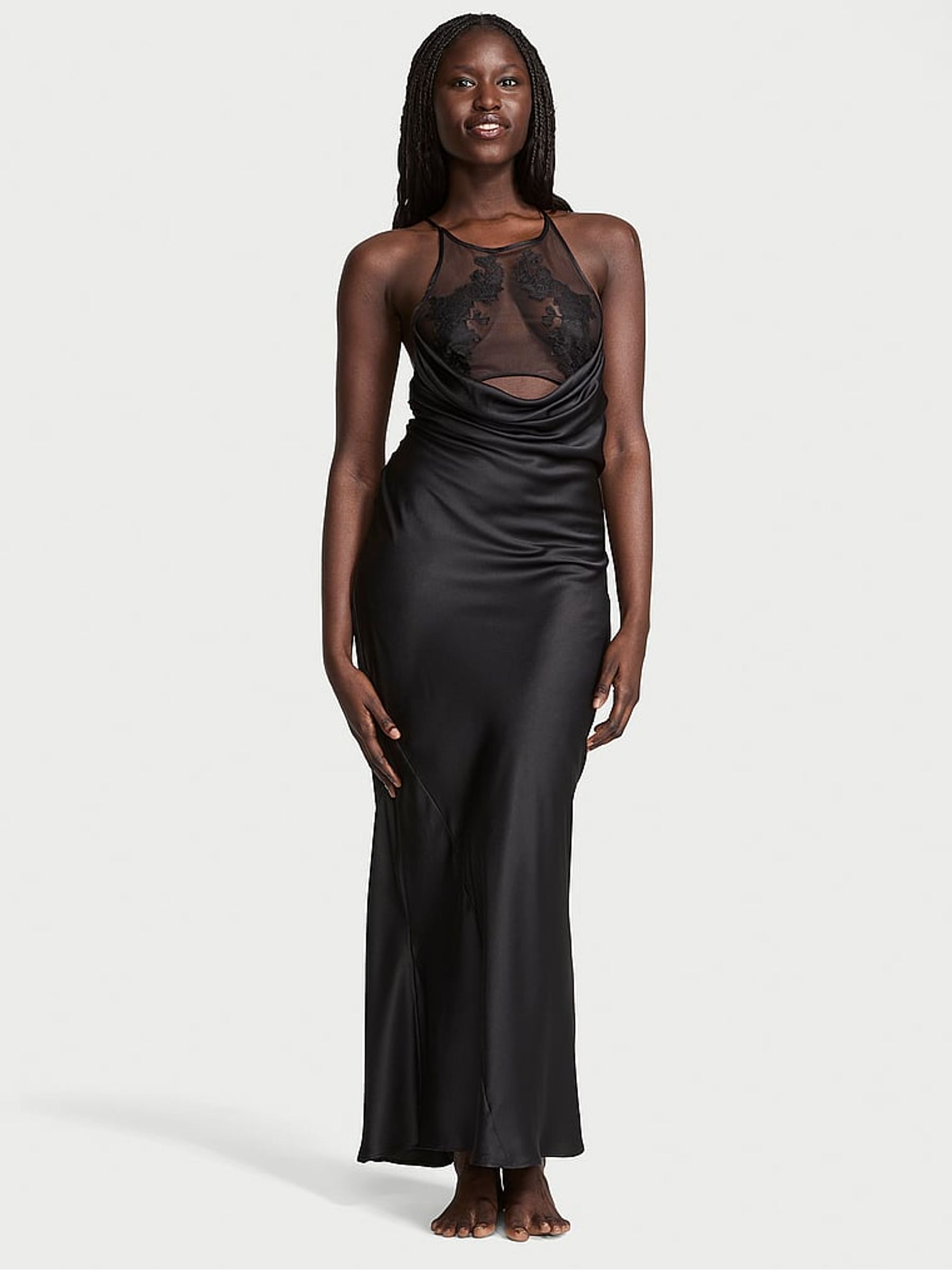 Black Sheer Rose Satin High Neck Long Slip Dress