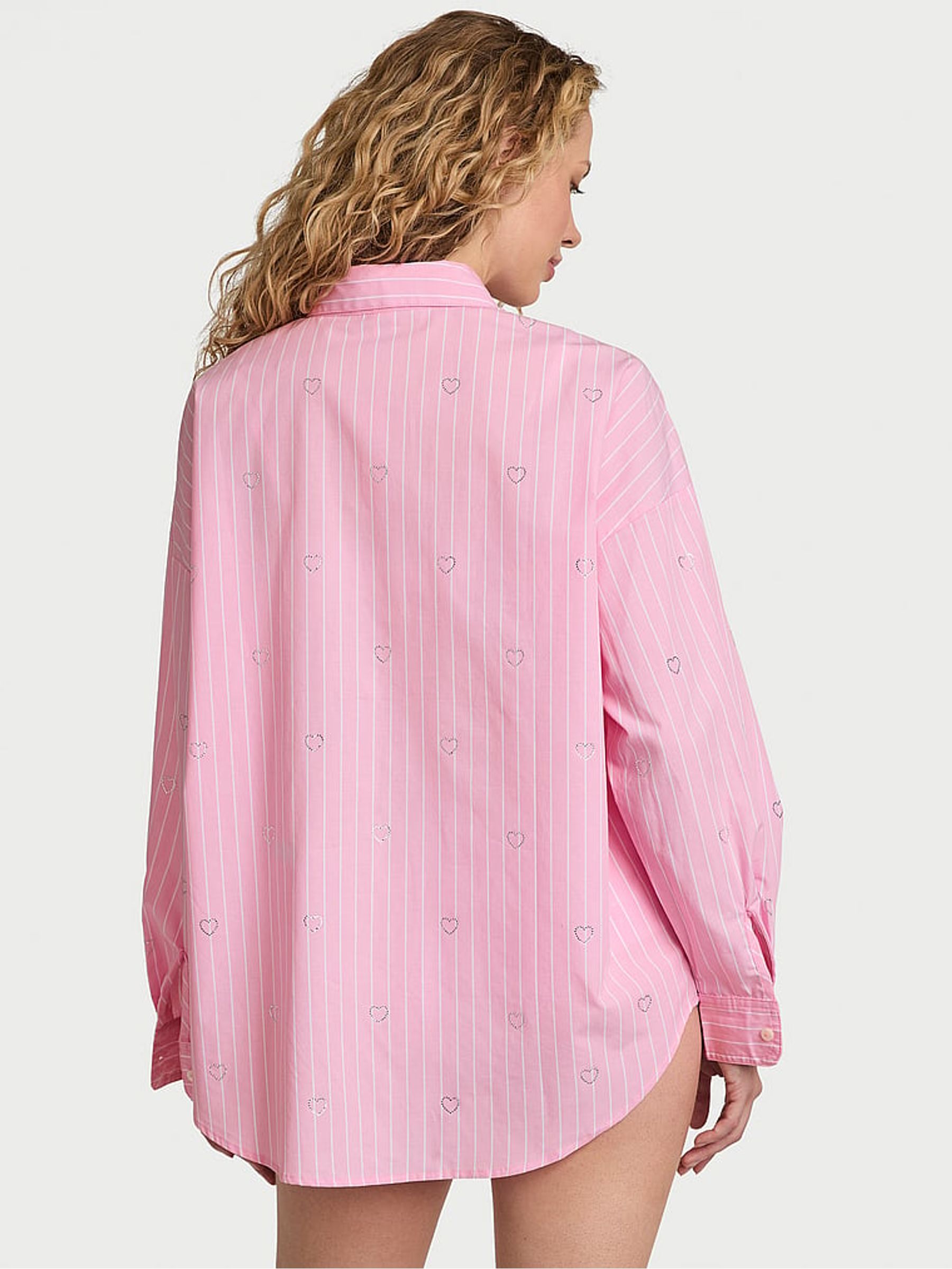 Parlour Rose Pink Stripe Cotton Diamante Pyjama Shirt