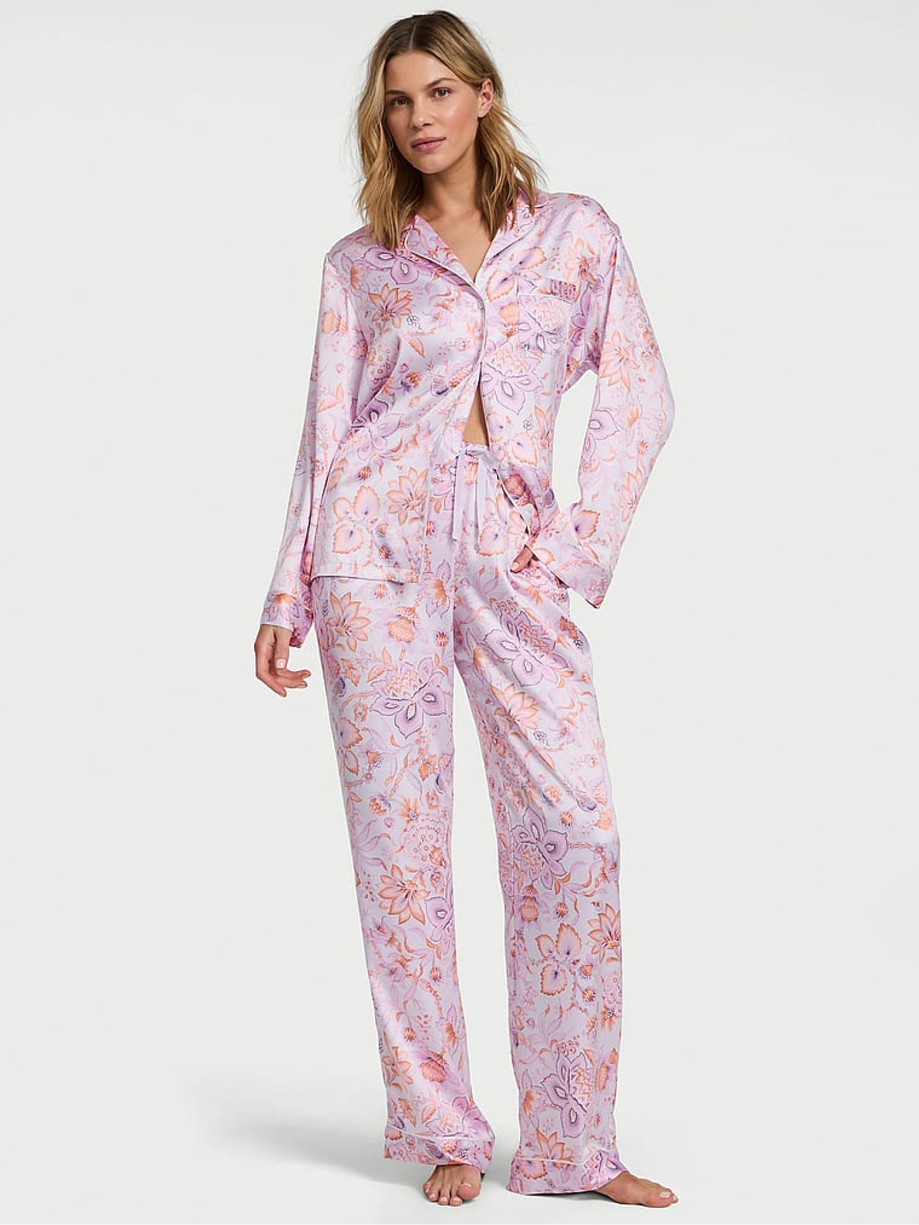 Purple Floral Satin Long Pyjama Set