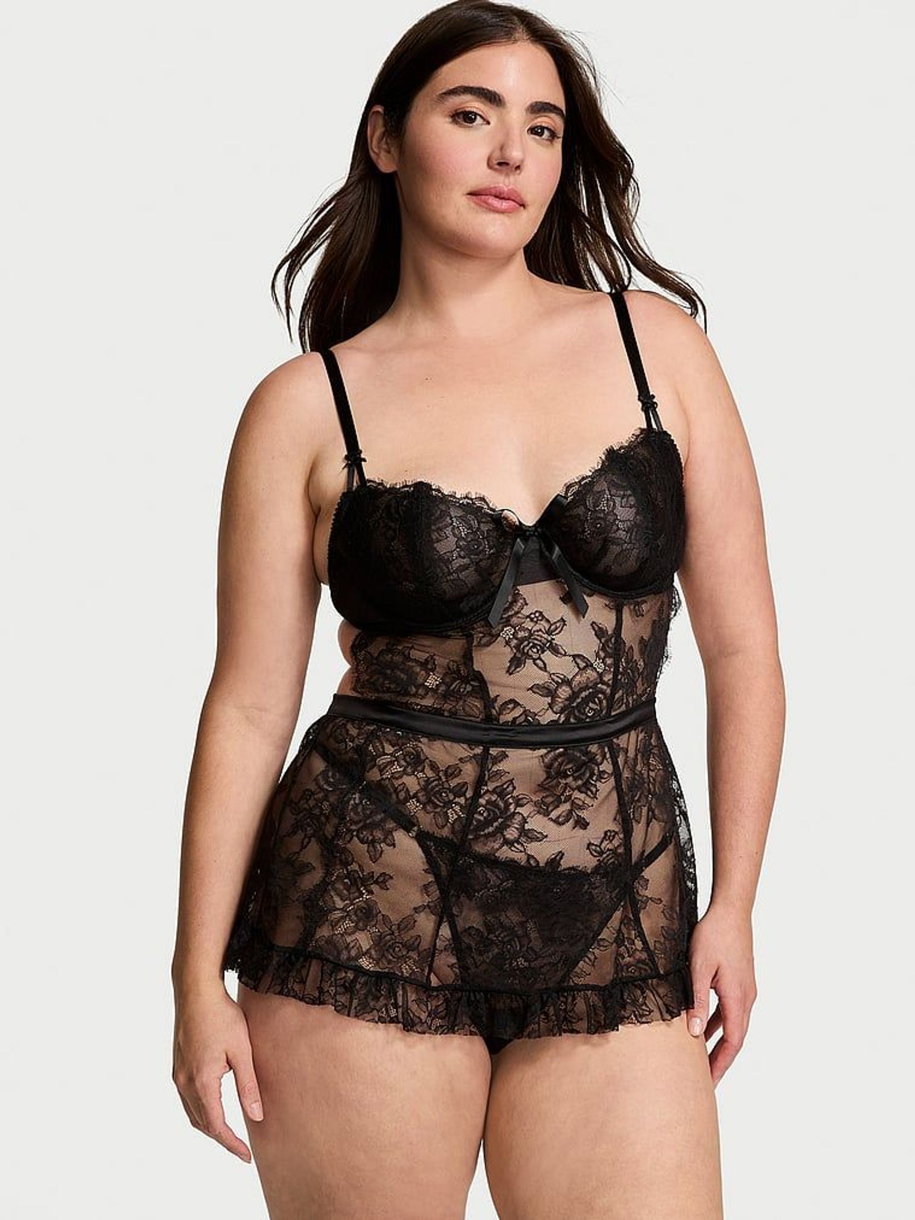 Black Unlined Lace Apron Babydoll Set