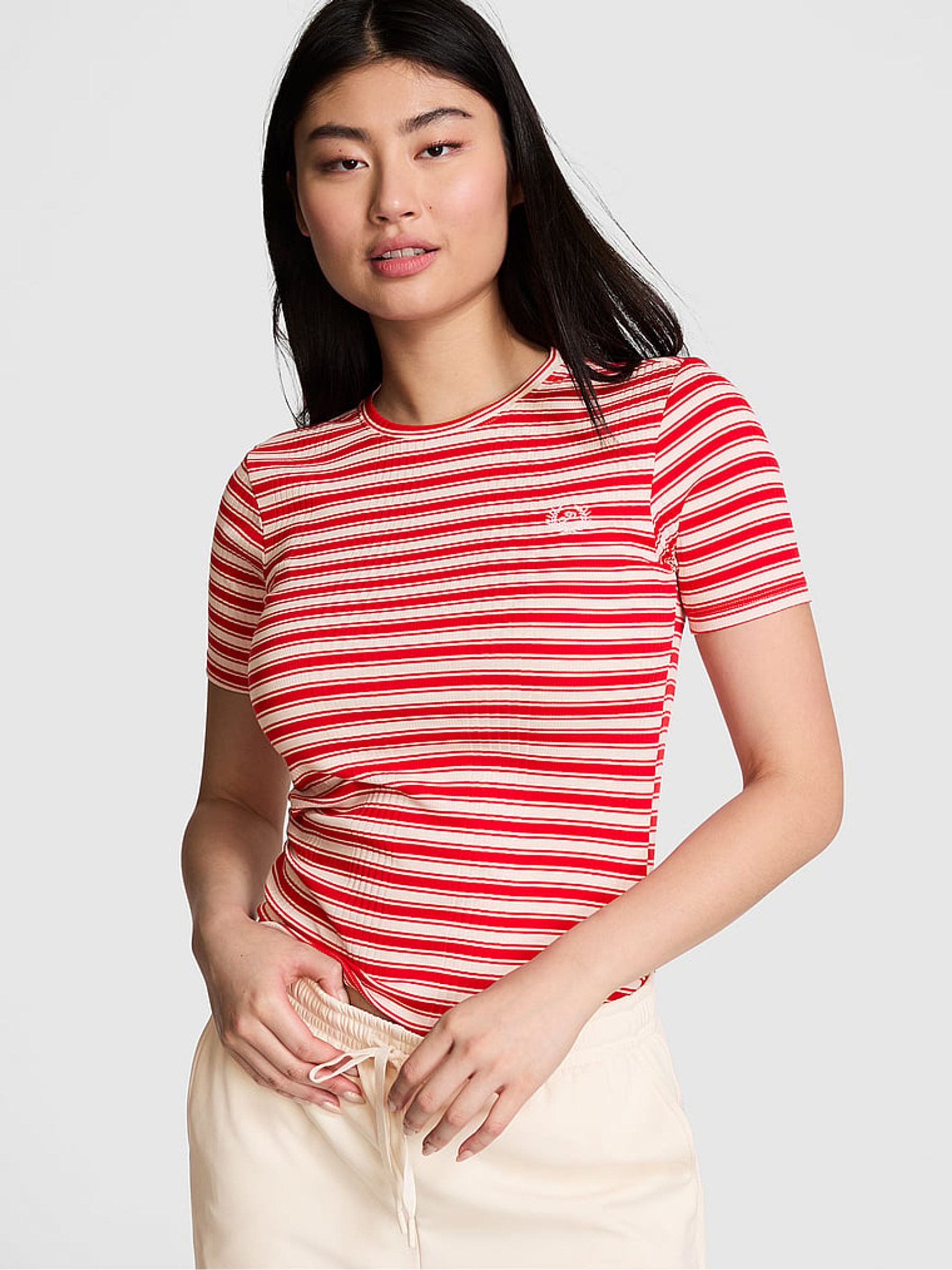 Red Pepper Stripe Ribbed Short Sleeve T-Shirt