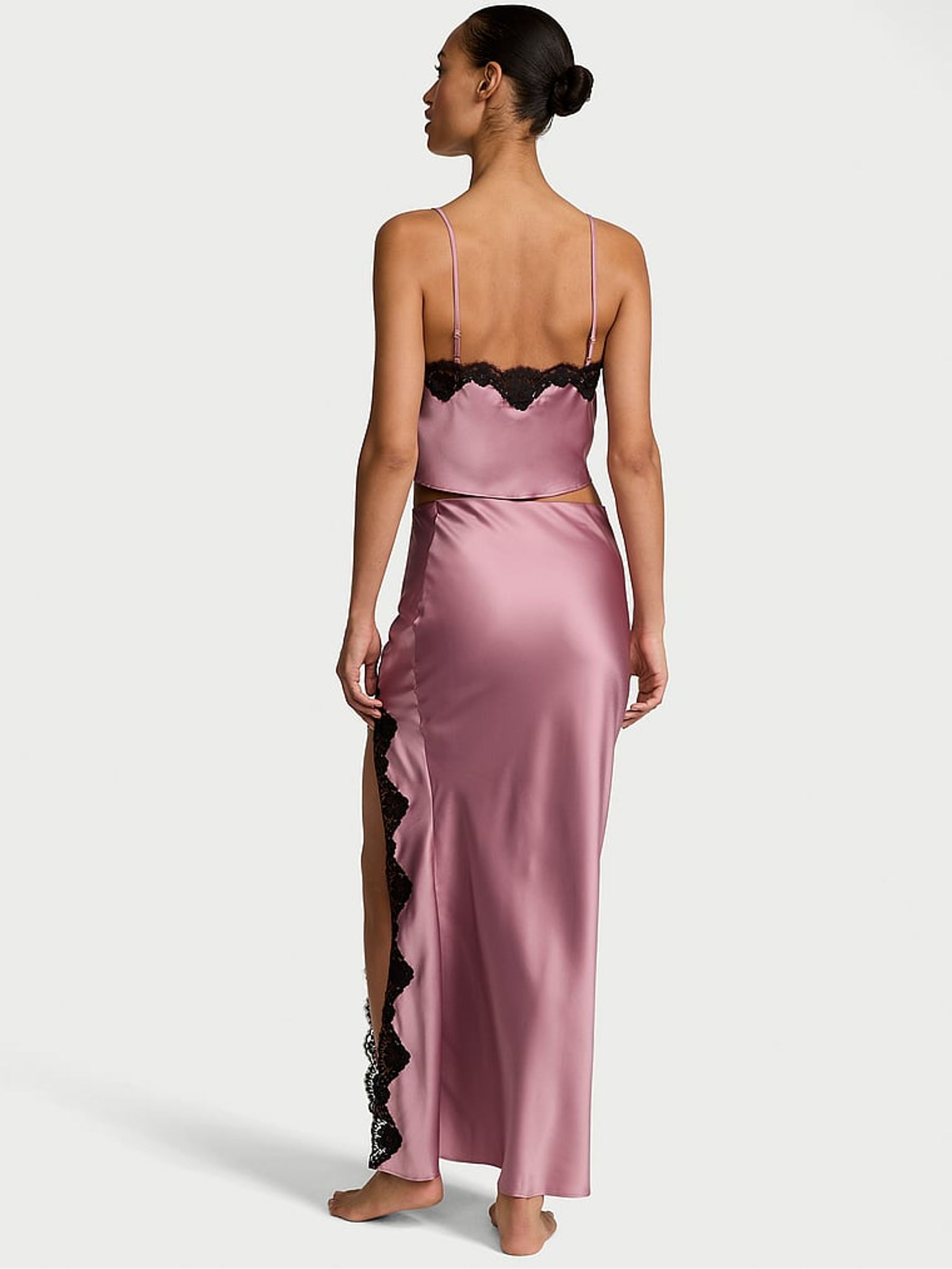 Pink Rose Satin Lace-Trim Cropped Top & Slip Skirt Set