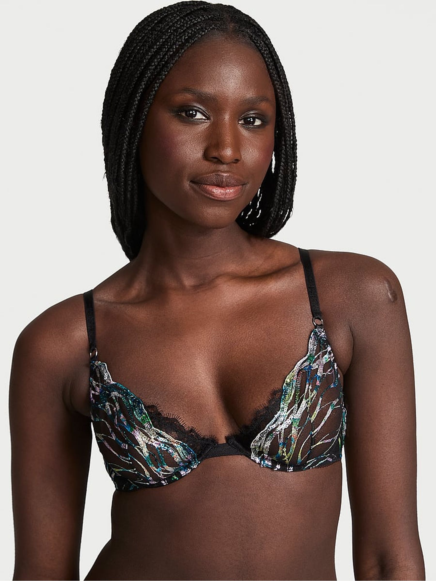 Black Unlined Demi Sequin Embroidery Bra