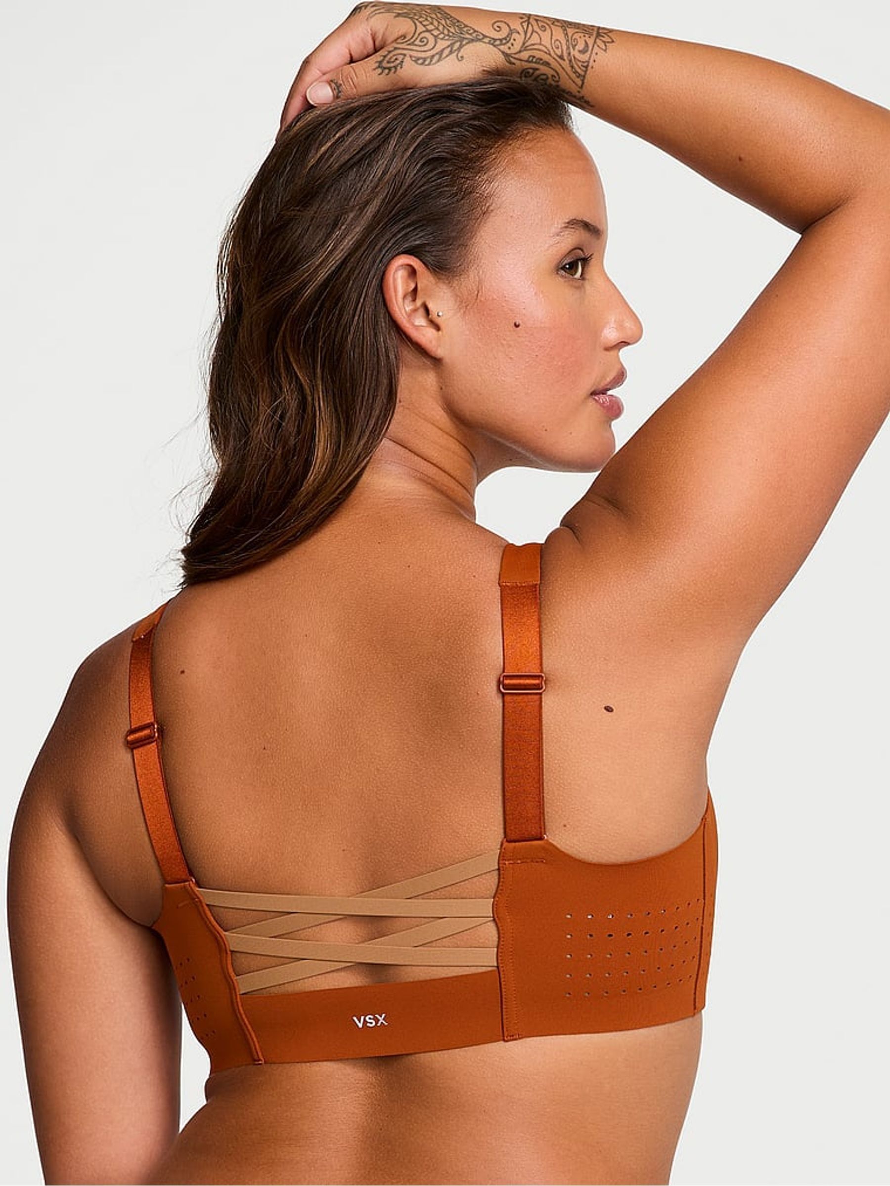 Etruscan Red Strappy Back Front Close Featherweight Max High Support Sports Bra