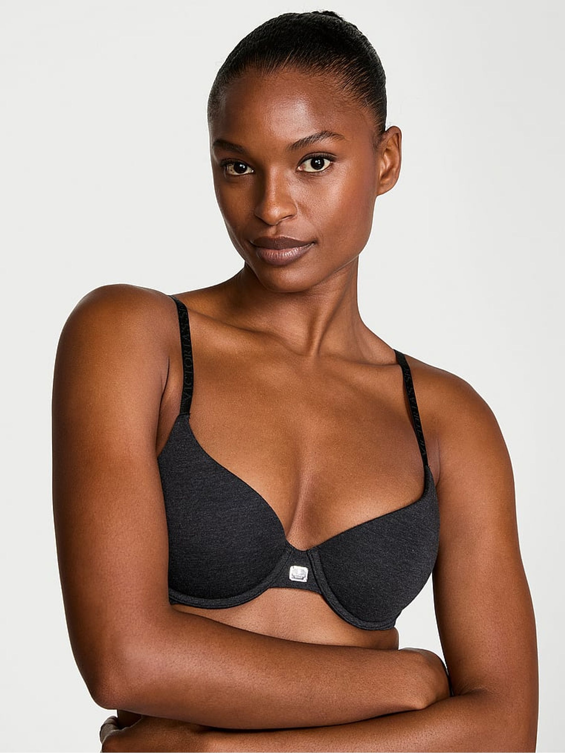 Black Heather Lightly Lined Demi Cotton Logo Bra