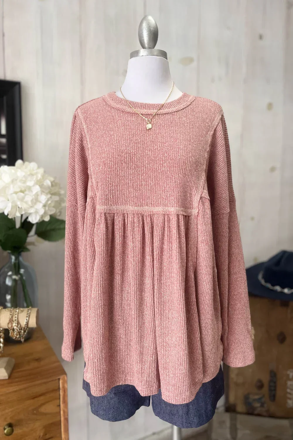 Dusty Rose Pink Ribbed Knit Babydoll Peplum Long Sleeve Sweater Top