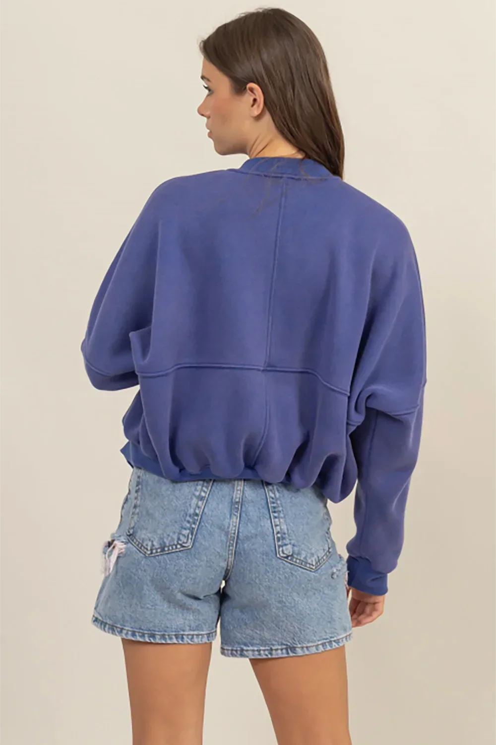 Cozy Washed French Terry Ribbed Collar Zip Up Casual Jacket