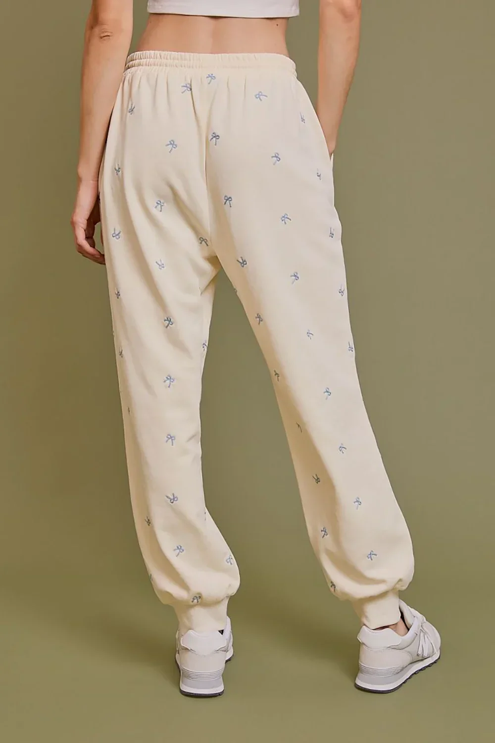 Cream Embroidered Bow Print Elastic Waist Drawstring Joggers