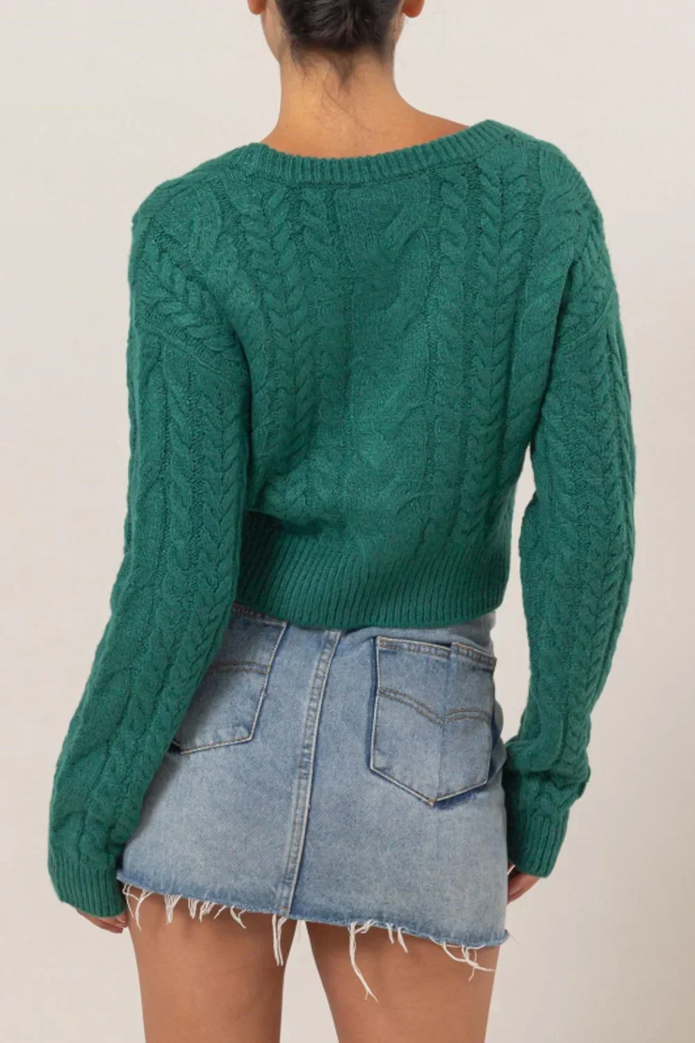 Teal Cable Knit Cropped Button Front V-Neck Long Sleeve Cozy Boutique Fashion Cardigan