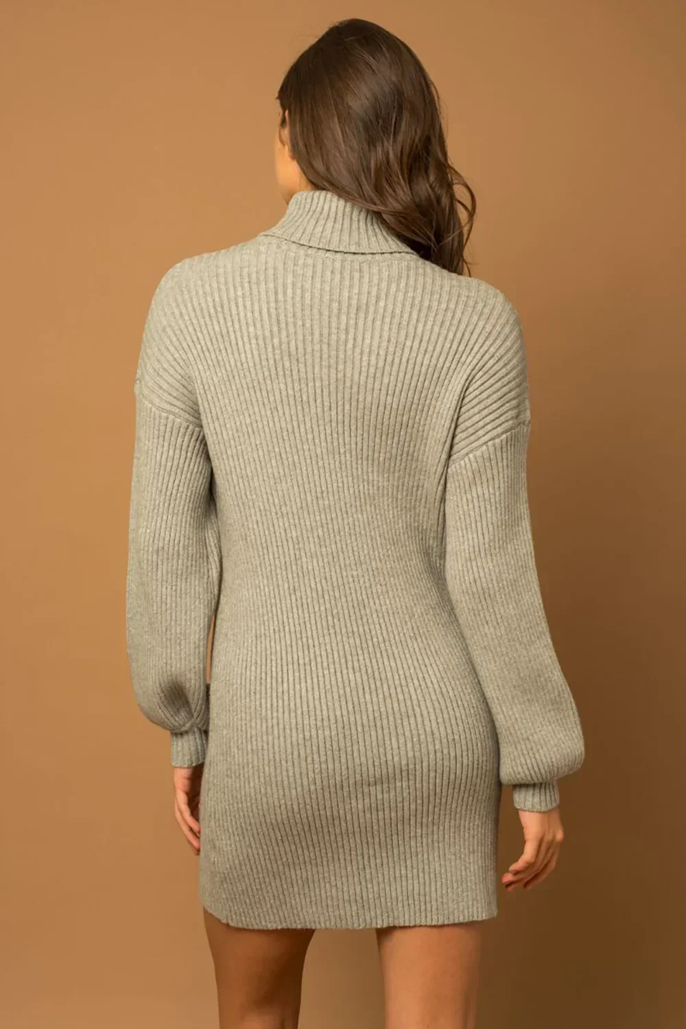 Ribbed Knit Turtleneck Balloon Sleeves Sweater Mini Dress
