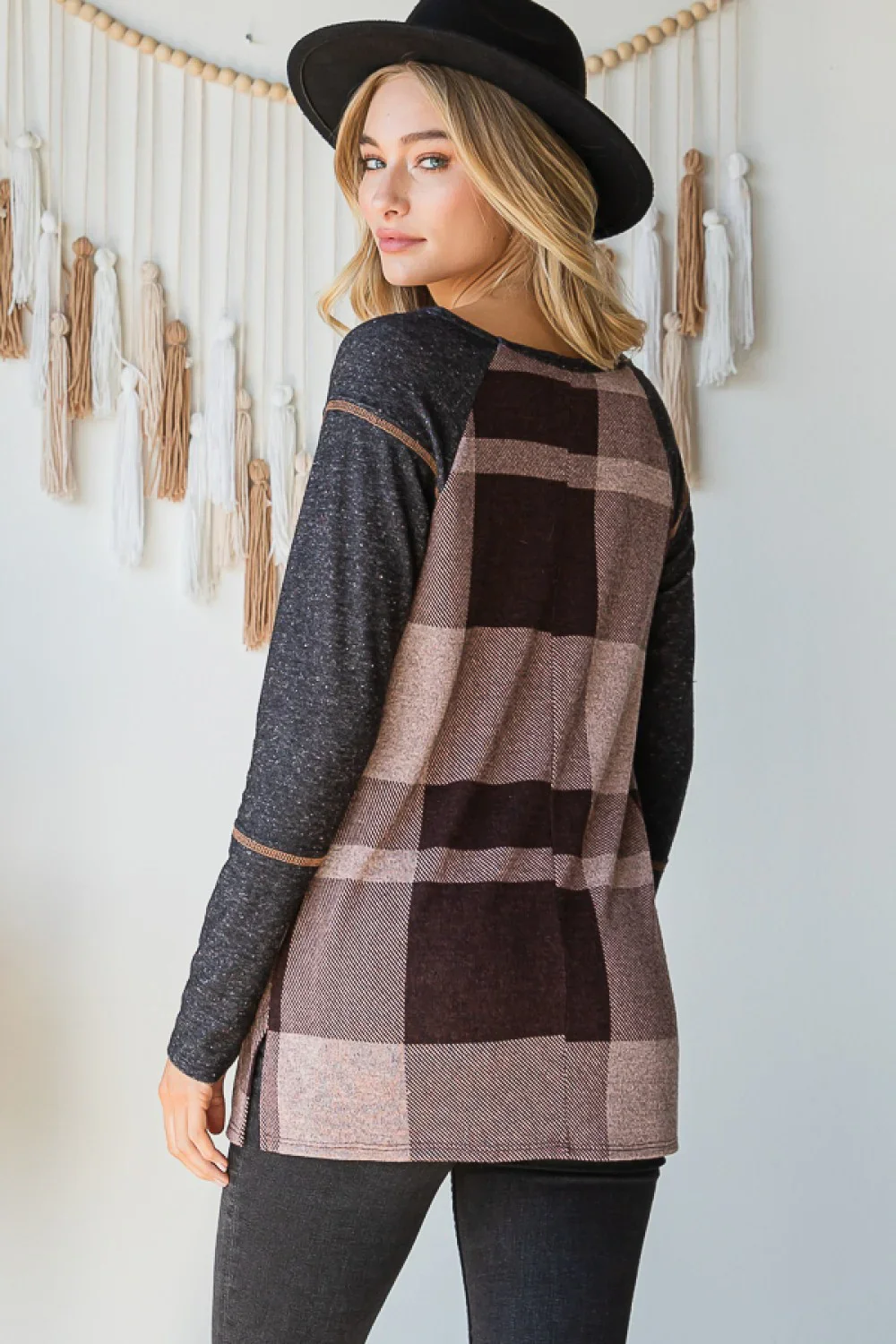 Plus Size Reverse Stitch Detail Buffalo Plaid Color Block Long Sleeve Casual Top