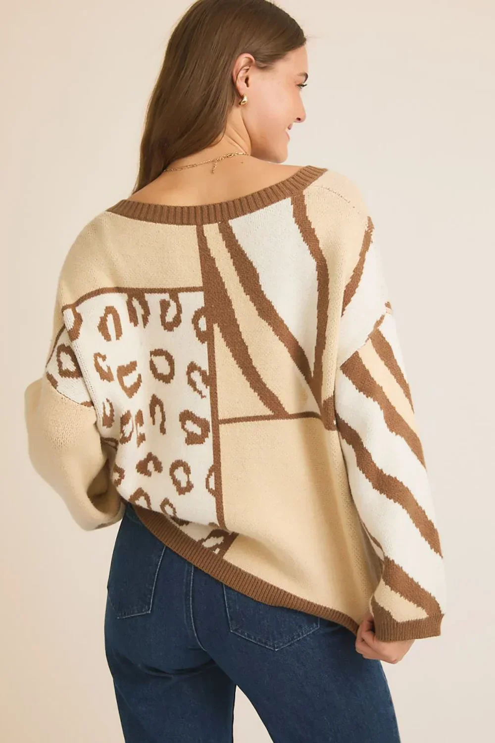 Oversize Cream Leopard and Zebra Patterns Colorblock V Neck Sweater