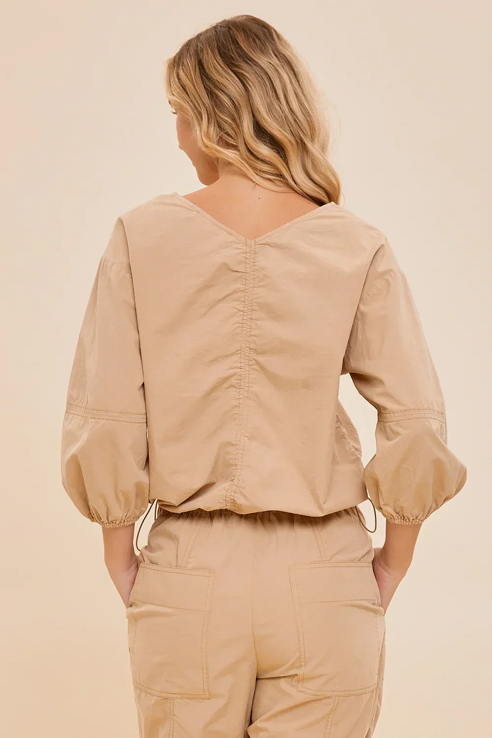Safari Cotton Dreams Balloon Sleeve Tan Utility V-Neck Top
