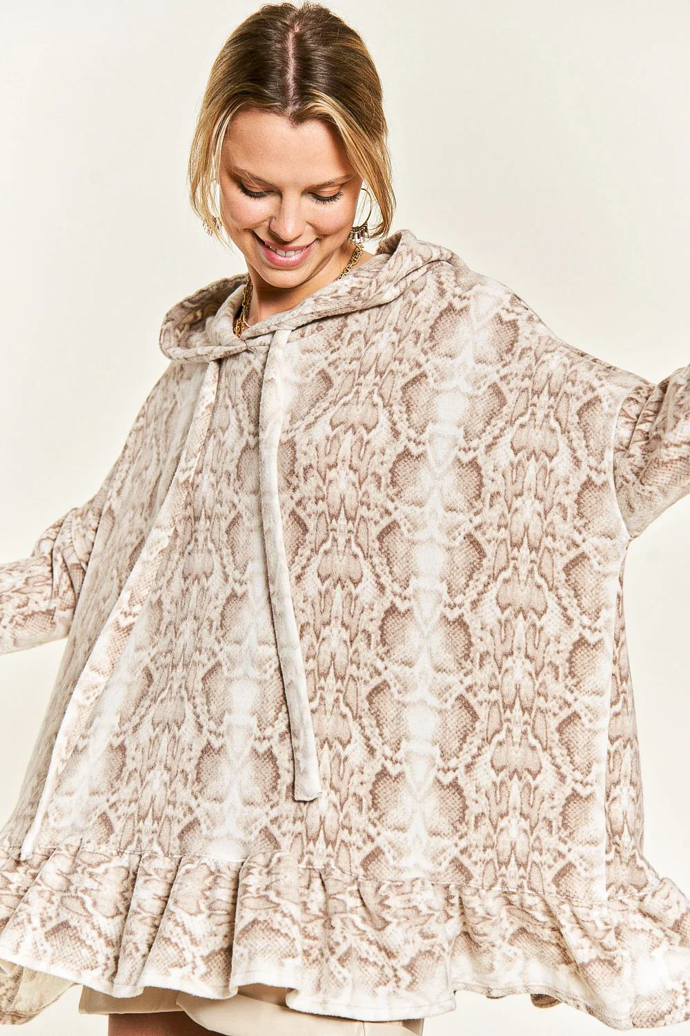 Plus Size Snakeskin Print Hoodie Drawstring Long Sleeve Tiered Ruffle Tunic Top