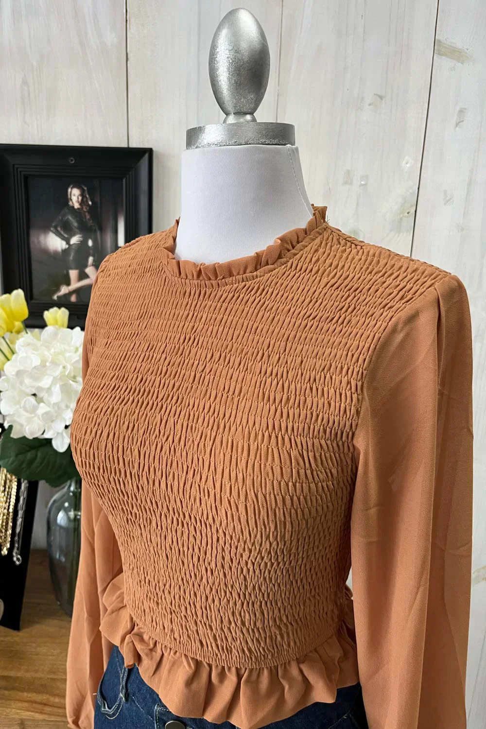 Smocked Long Sleeve Sheer Crop Top Trendy Boutique Fashion Top