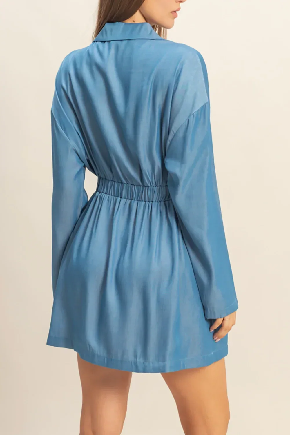 Long Sleeve Gold Button Ruched Waist Chambray Wrap Mini Shirt Dress