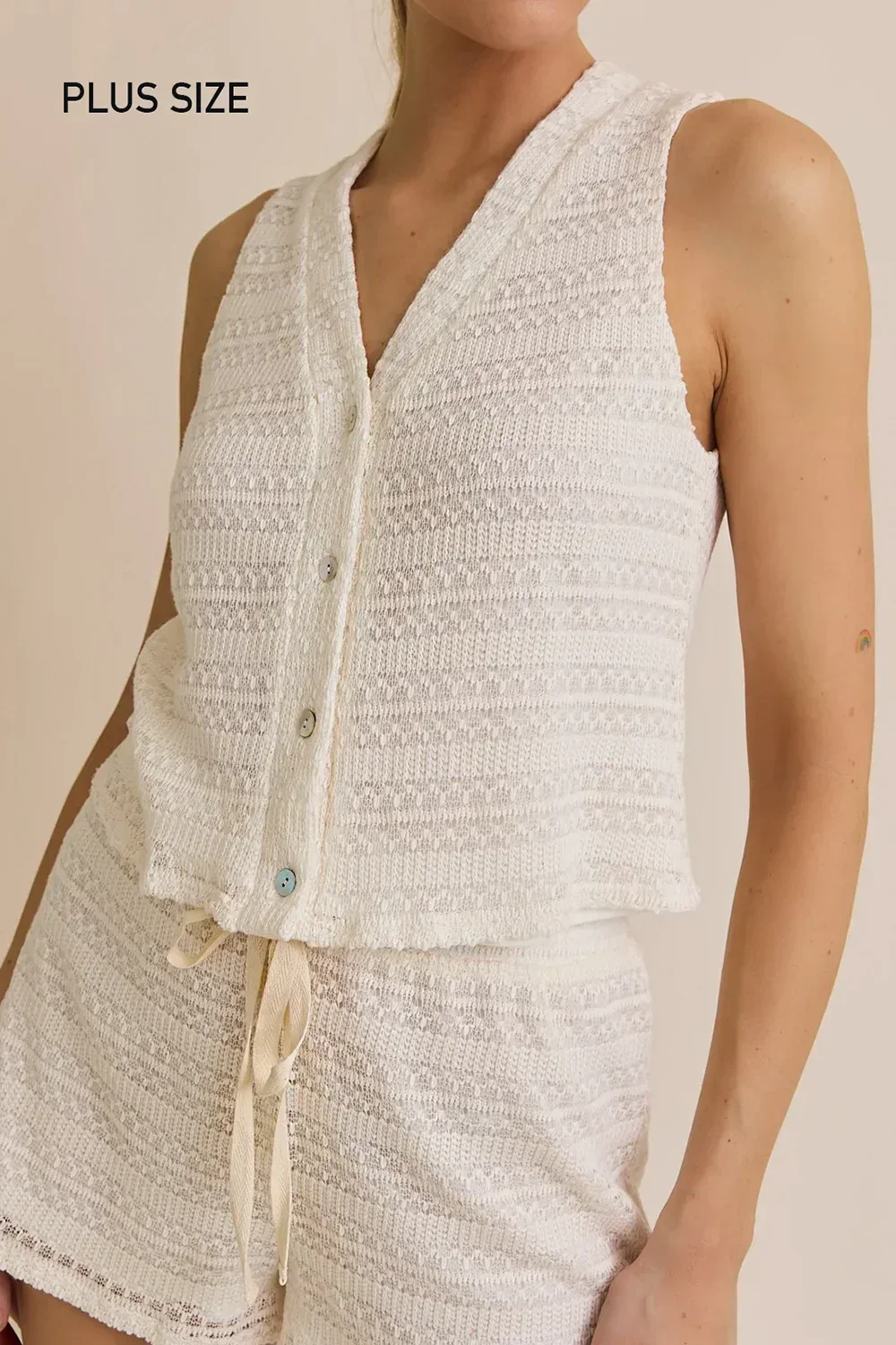 Plus Size Knit Button Up Crochet Top & Waist Tie Shorts Set