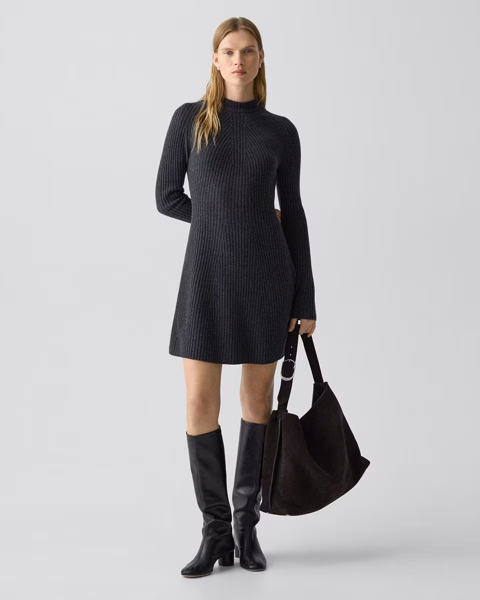 Ribbed Sweater Dress in Felted Wool-Cashmere