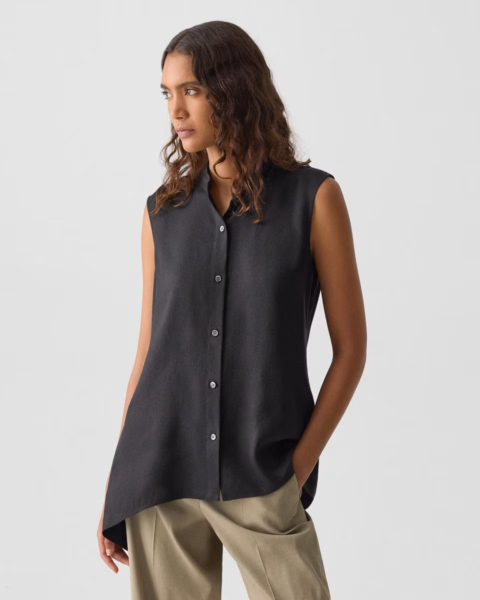 Sleeveless Asymmetrical Shirt in Linen-Viscose