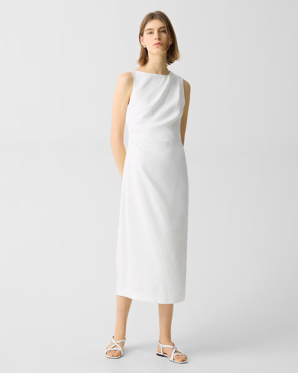 Draped Midi Dress in Linen-Viscose