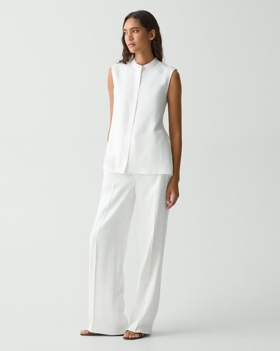 Sleeveless Asymmetrical Shirt in Linen-Viscose
