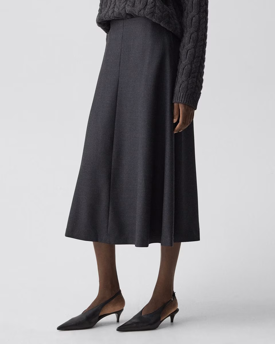 Flared Midi Skirt in Wool-Blend Flannel
