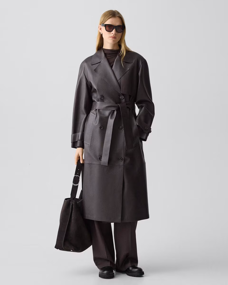 Oversized Double-Breasted Trench Coat in Sleek Leather