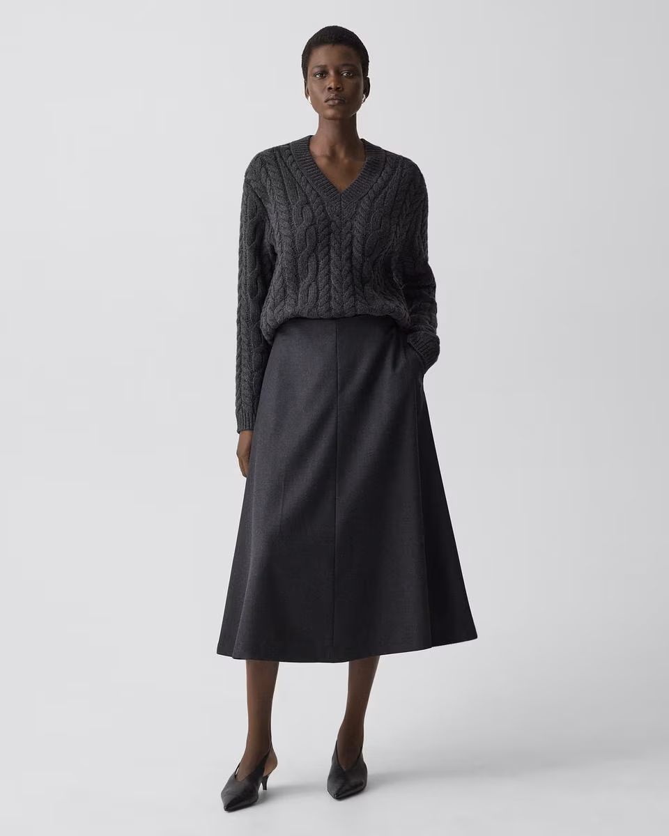 Flared Midi Skirt in Wool-Blend Flannel