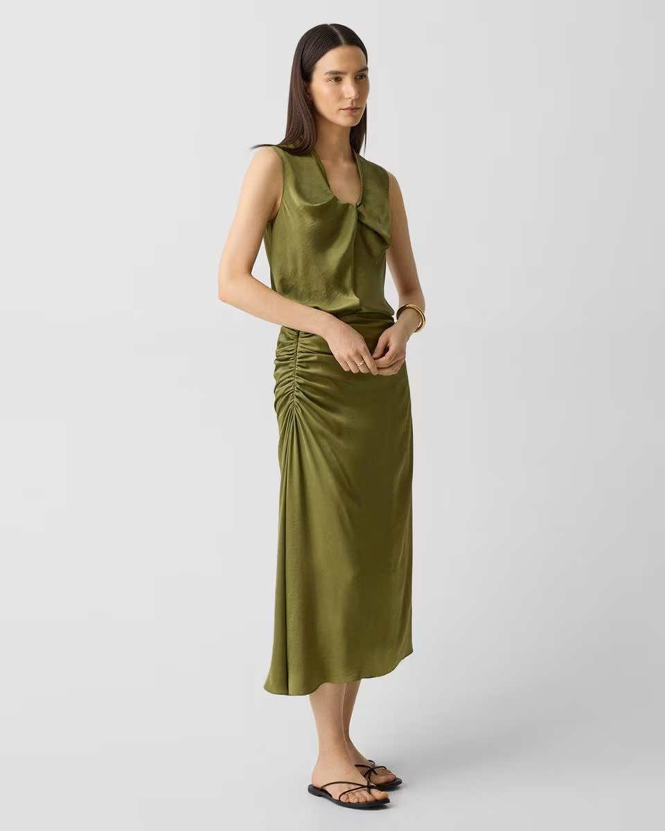Ruched Midi Skirt in Crushed Satin