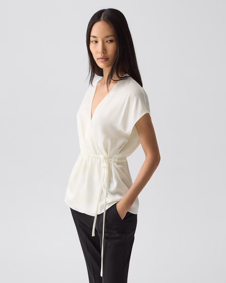 Short-Sleeve Wrap Top in Silk Georgette