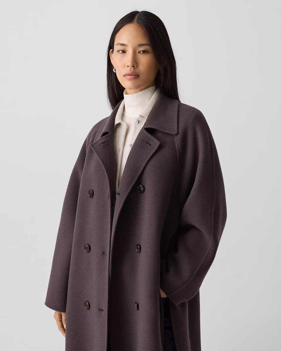 Long Double-Breasted Coat in Textured Wool-Cashmere