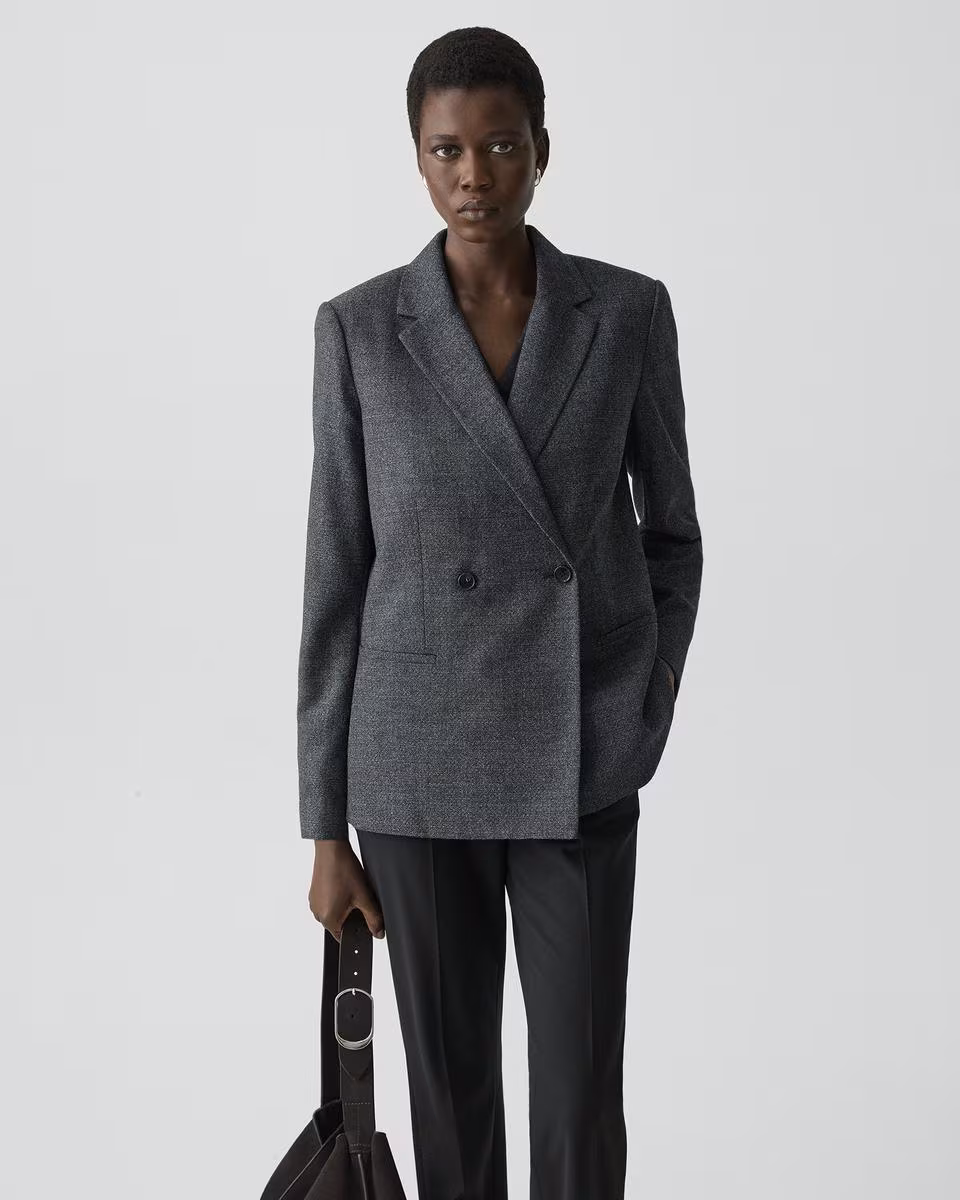 Relaxed Double-Breasted Blazer in Marled Flannel