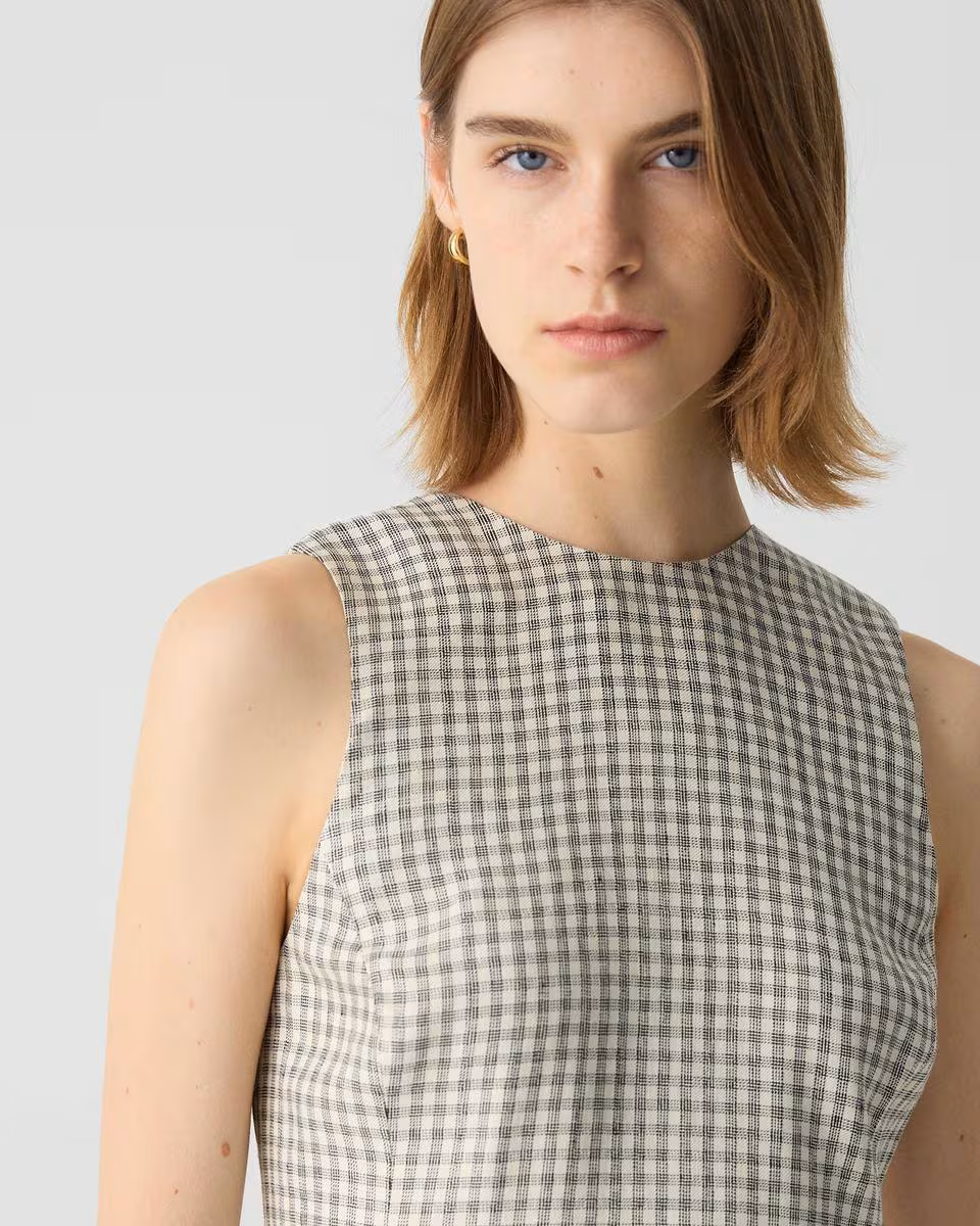A-Line Mini Dress in Checked Linen-Blend