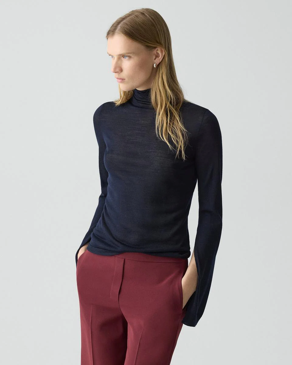 Slit Sleeve Turtleneck Sweater in Wool-Viscose