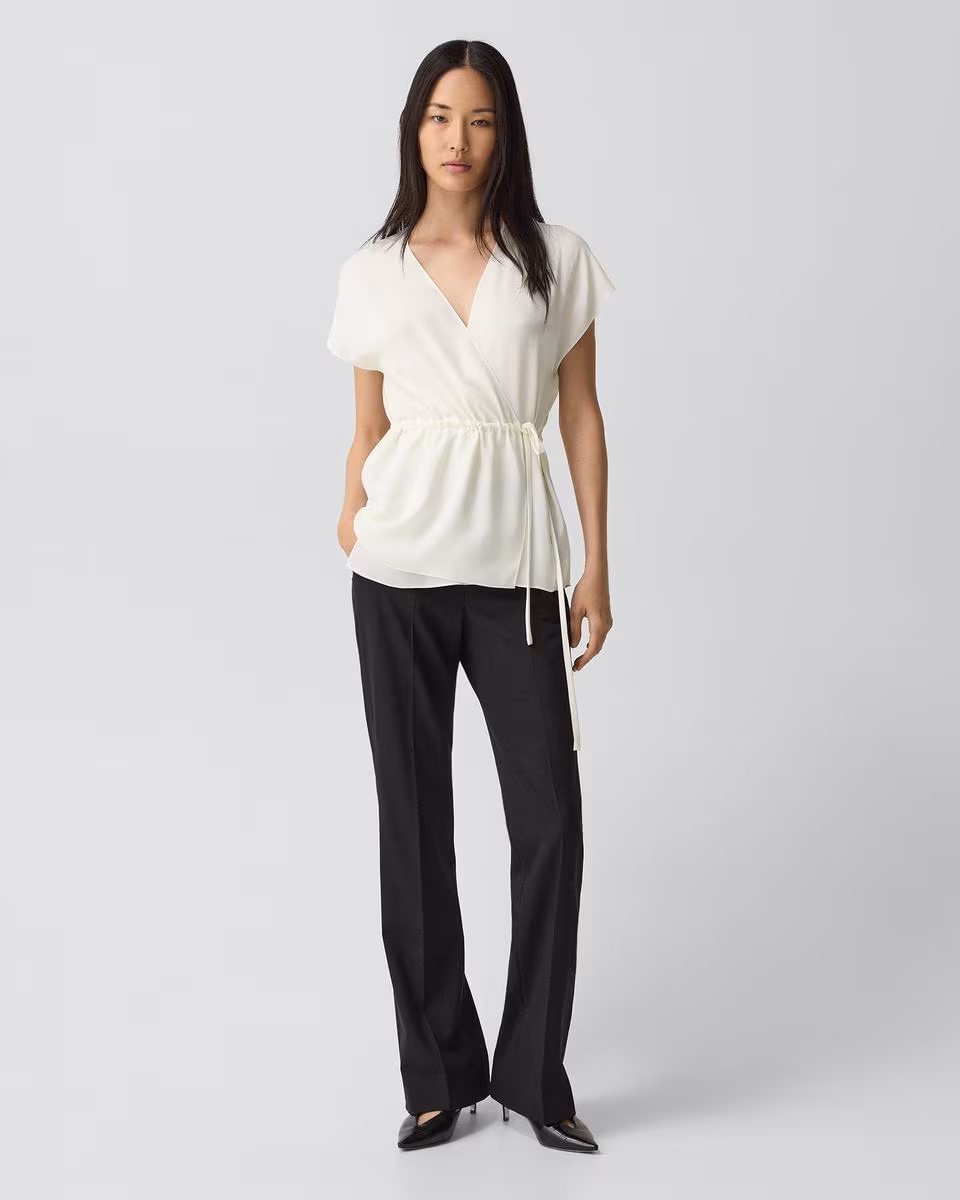 Short-Sleeve Wrap Top in Silk Georgette
