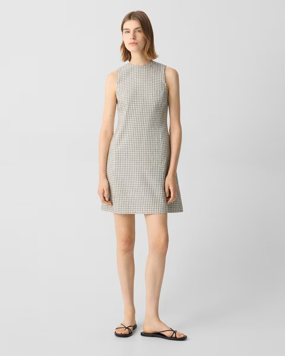 A-Line Mini Dress in Checked Linen-Blend