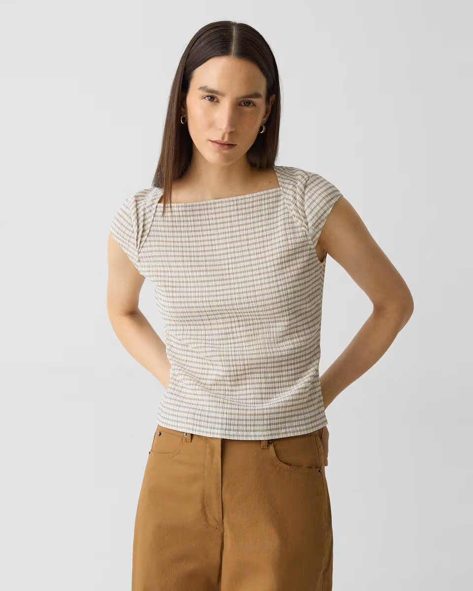 Cap Sleeve Top in Crinkle Check