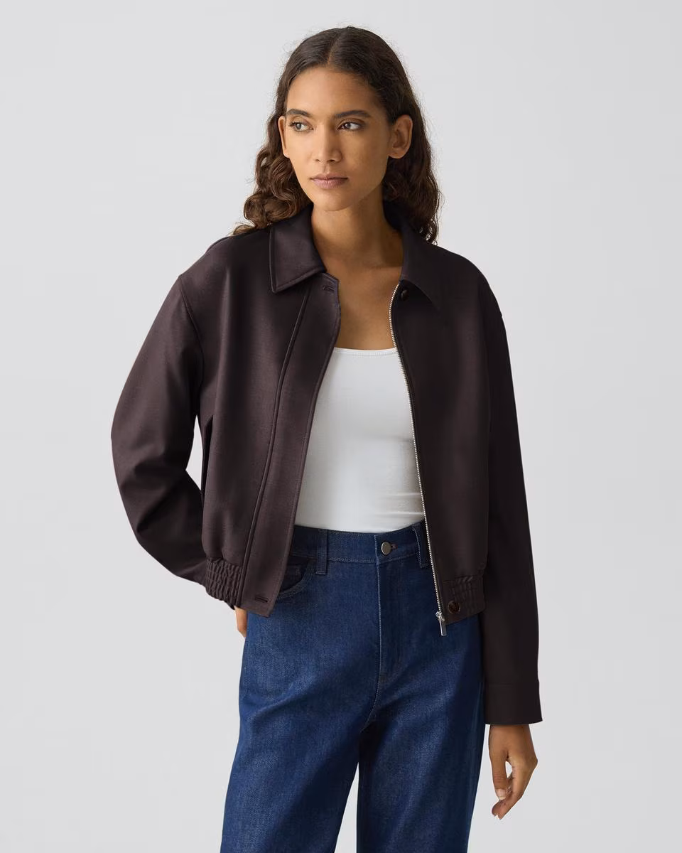 Cropped Track Jacket in Wool-Blend Flannel