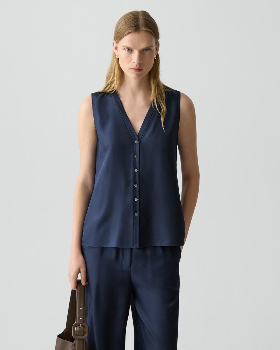 Sleeveless Button-Down Blouse in Mod Silk Twill