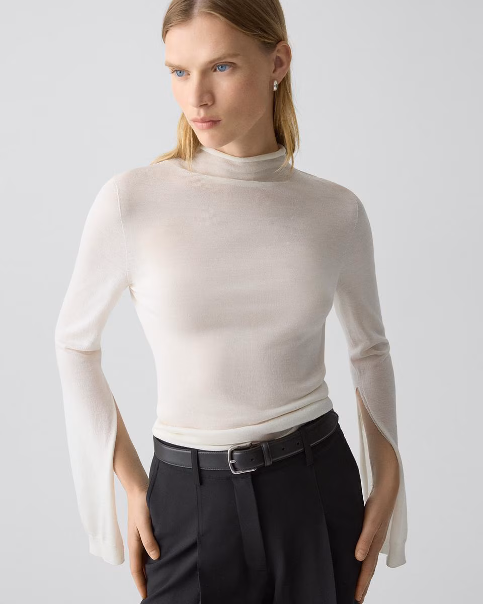 Slit Sleeve Turtleneck Sweater in Wool-Viscose