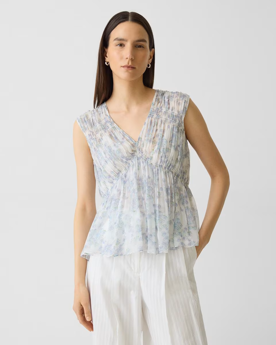 Ruched Sleeveless Top in Floral Silk